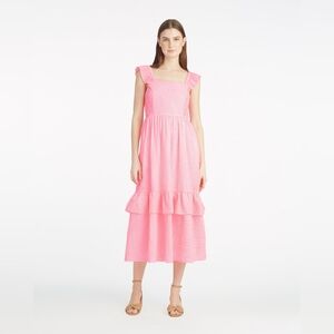 Draper James Carrie Pink Seersucker Midi Dress Size M Striped Summer Tiered